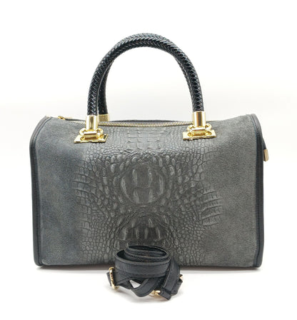 Genuine Suede & Leather Croc Embossed Satchel Handbag - Dark Gray – Made In Italy
