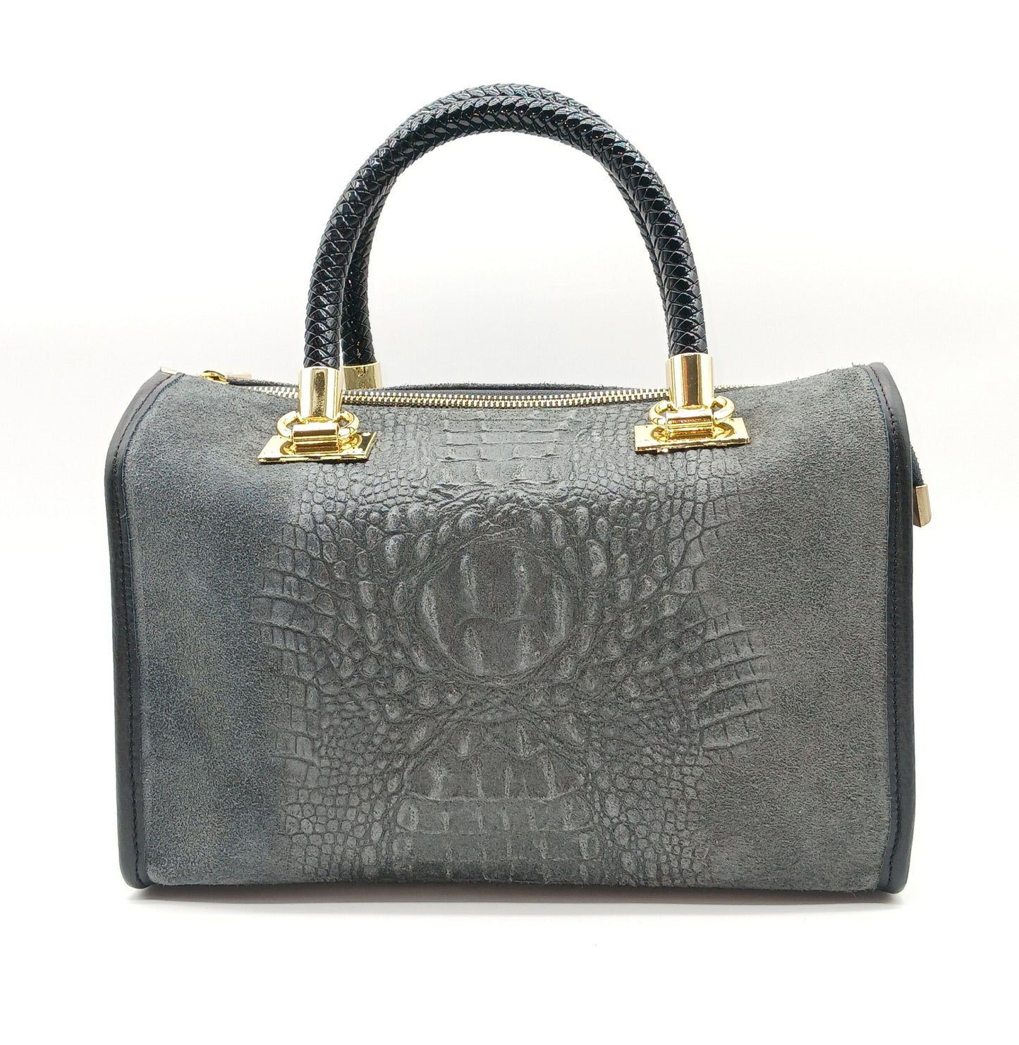 Genuine Suede & Leather Croc Embossed Satchel Handbag - Dark Gray – Made In Italy