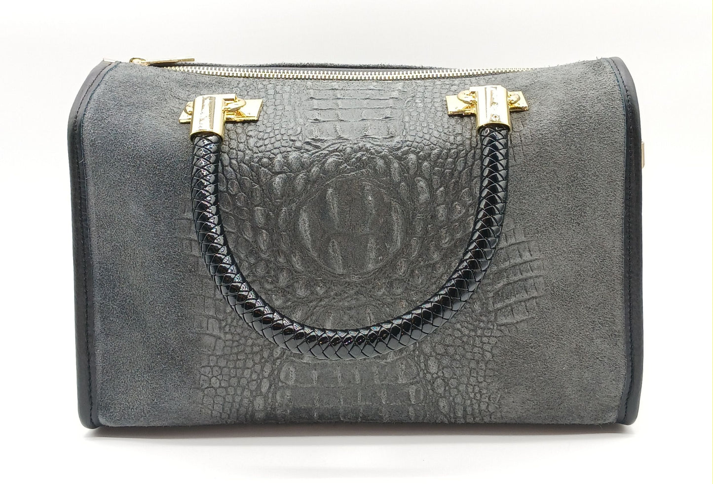Genuine Suede & Leather Croc Embossed Satchel Handbag - Dark Gray – Made In Italy