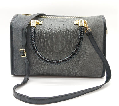 Genuine Suede & Leather Croc Embossed Satchel Handbag - Dark Gray – Made In Italy