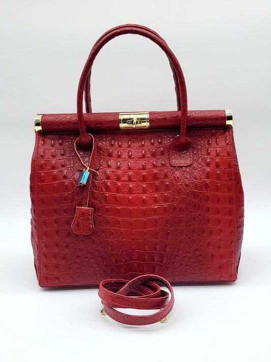 Lock & Key Genuine Croc Embossed Leather Handbag Satchel - Dark Red – Made In Italy - DumasvilleBoutique