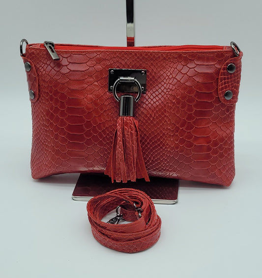 Snake Embossed Genuine Leather Crossbody Handbag - Dark Red – Made In Italy - DumasvilleBoutique