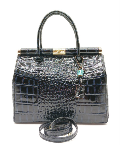 Lock & Key Shiny Croc Embossed Genuine Leather Handbag Satchel – Made In Italy - Dark Blue