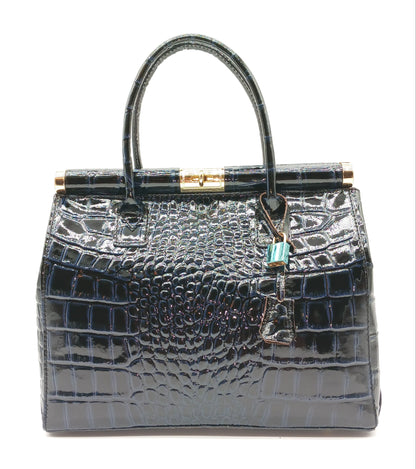 Lock & Key Shiny Croc Embossed Genuine Leather Handbag Satchel – Made In Italy - Dark Blue