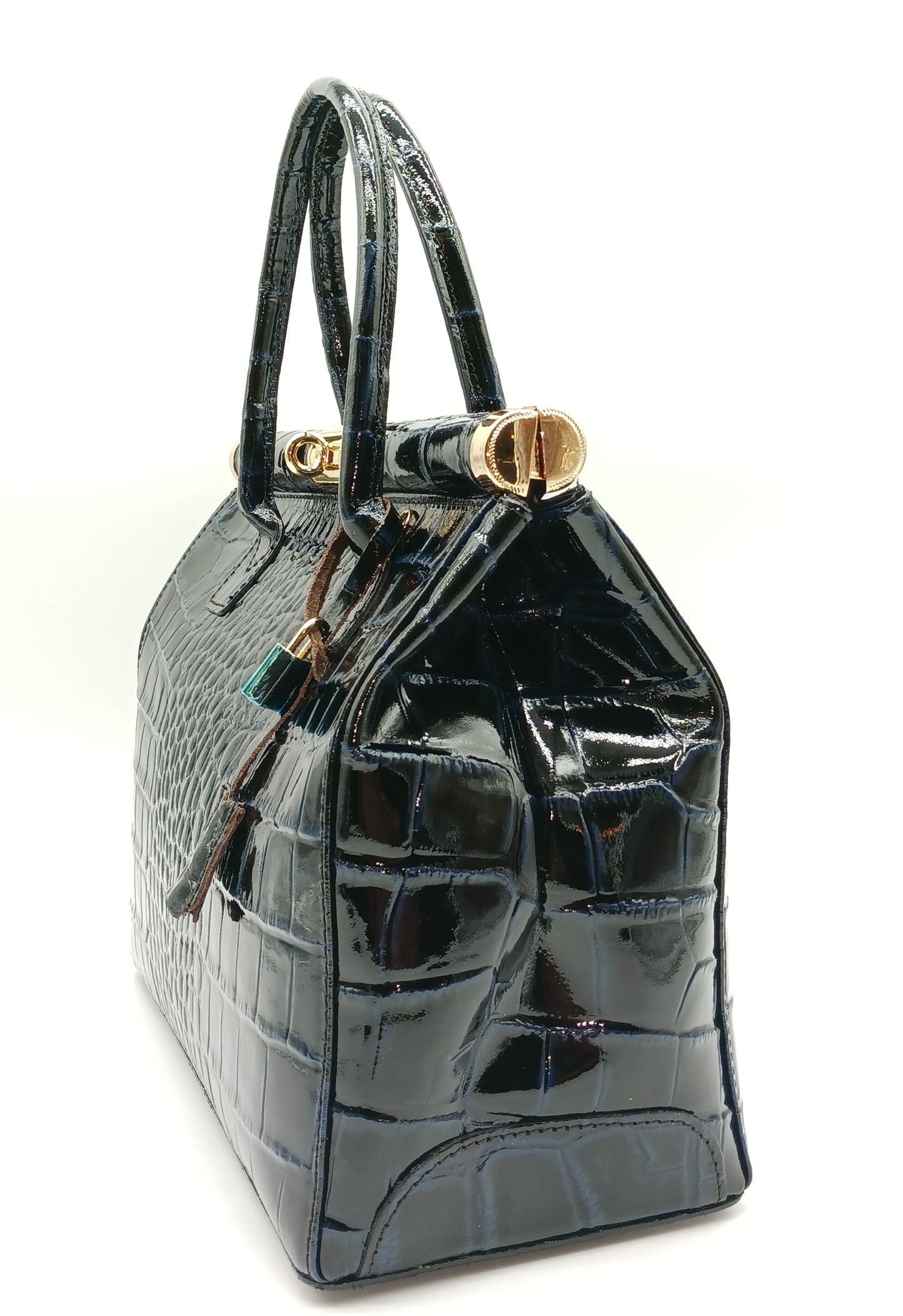 Lock & Key Shiny Croc Embossed Genuine Leather Handbag Satchel – Made In Italy - Dark Blue