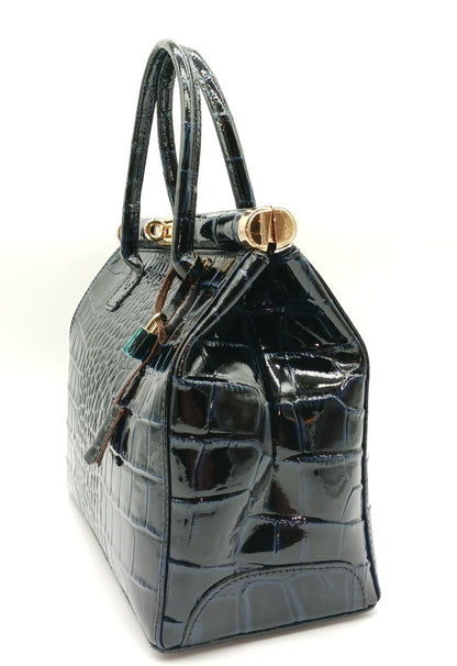Lock & Key Shiny Croc Embossed Genuine Leather Handbag Satchel – Made In Italy - Dark Blue