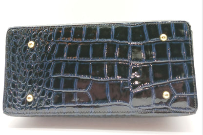 Lock & Key Shiny Croc Embossed Genuine Leather Handbag Satchel – Made In Italy - Dark Blue