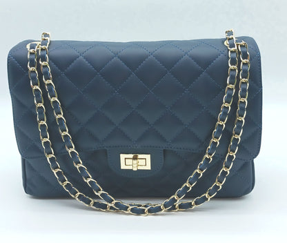 Genuine Leather Quilted Handbag (X-Large) Dark Blue – Made In Italy