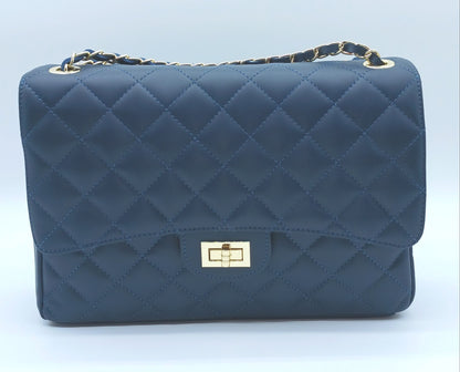Genuine Leather Quilted Handbag (X-Large) Dark Blue – Made In Italy