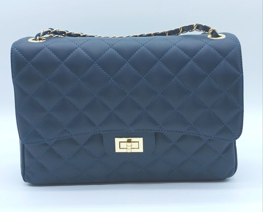 Genuine Leather Quilted Handbag (X-Large) Dark Blue – Made In Italy