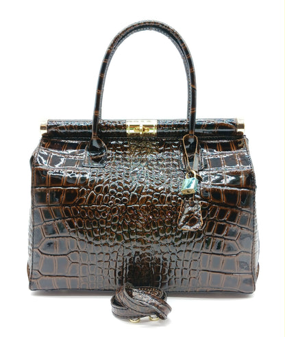 Lock & Key Shiny Croc Embossed Genuine Leather Handbag Satchel – Made In Italy - Dark Brown