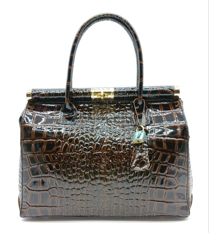 Lock & Key Shiny Croc Embossed Genuine Leather Handbag Satchel – Made In Italy - Dark Brown