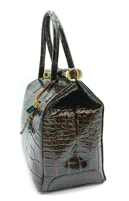 Lock & Key Shiny Croc Embossed Genuine Leather Handbag Satchel – Made In Italy - Dark Brown