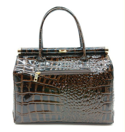 Lock & Key Shiny Croc Embossed Genuine Leather Handbag Satchel – Made In Italy - Dark Brown