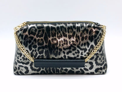 Italian Genuine Leather Metallic Dark Gunmetal Leopard Crossbody Handbag – Made In Italy