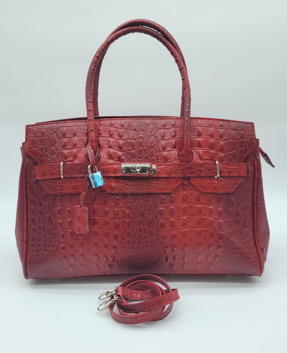 Lock & Key Genuine Croc Embossed Leather Handbag Satchel Dark Red LARGER VERSION – Made In Italy
