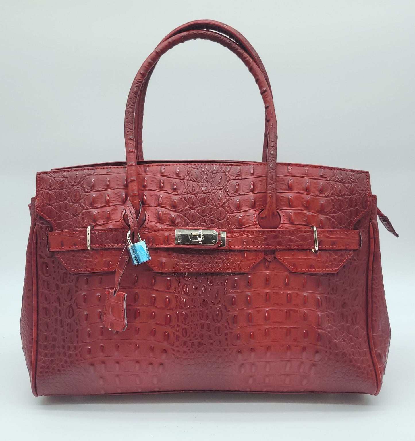 Lock & Key Genuine Croc Embossed Leather Handbag Satchel Dark Red LARGER VERSION – Made In Italy