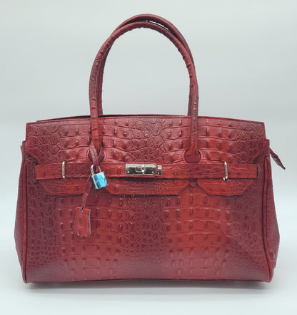 Lock & Key Genuine Croc Embossed Leather Handbag Satchel Dark Red LARGER VERSION – Made In Italy