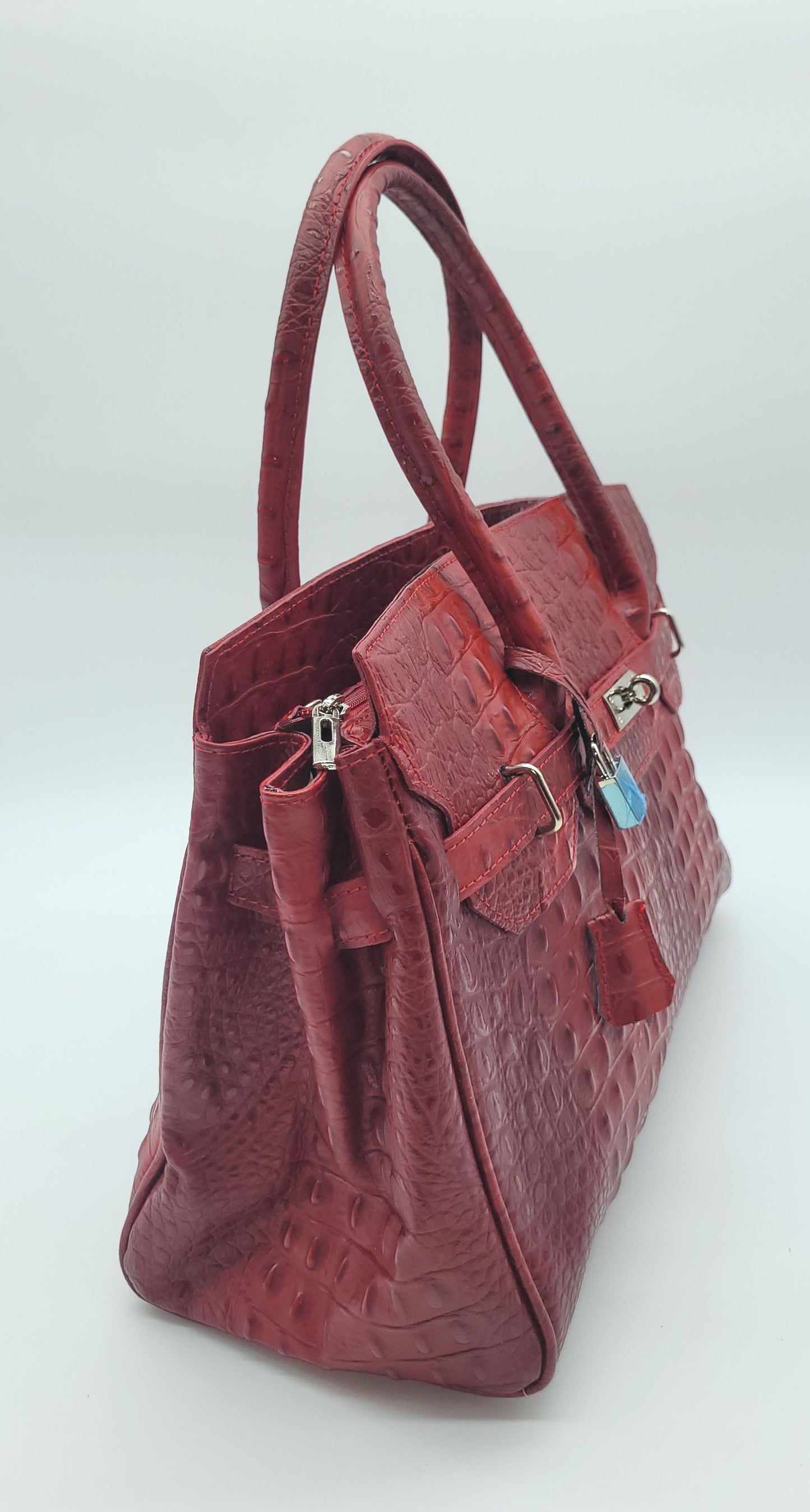 Lock & Key Genuine Croc Embossed Leather Handbag Satchel Dark Red LARGER VERSION – Made In Italy