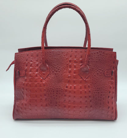 Lock & Key Genuine Croc Embossed Leather Handbag Satchel Dark Red LARGER VERSION – Made In Italy