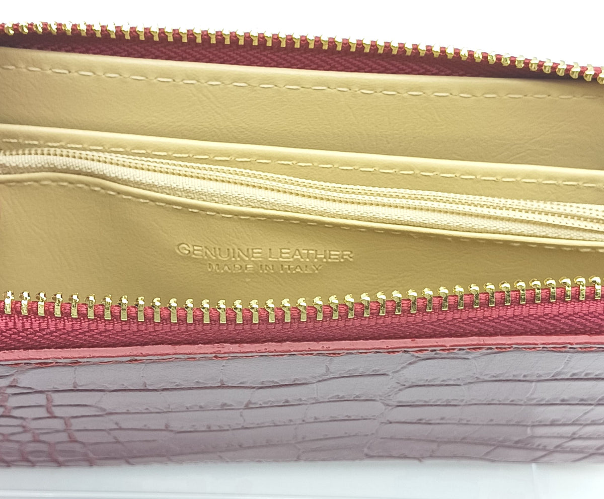 Genuine Croc Embossed Leather Zip Wallet – Made In Italy - Dark Red