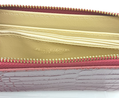 Genuine Croc Embossed Leather Zip Wallet – Made In Italy - Dark Red