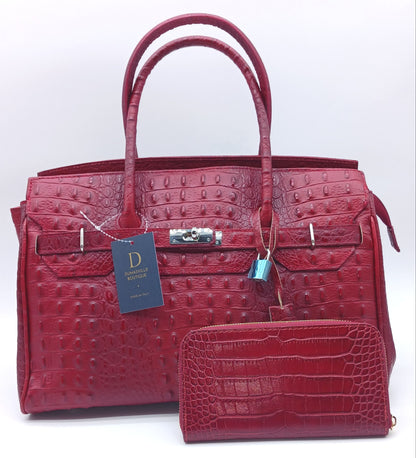 Genuine Croc Embossed Leather Zip Wallet – Made In Italy - Dark Red