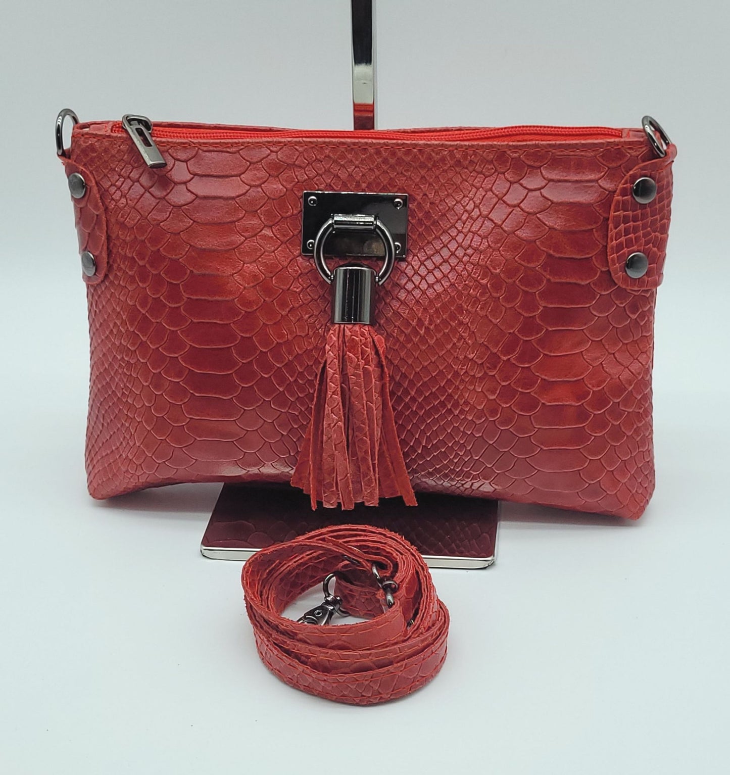 Snake Embossed Genuine Leather Crossbody Handbag - Red – Made In Italy