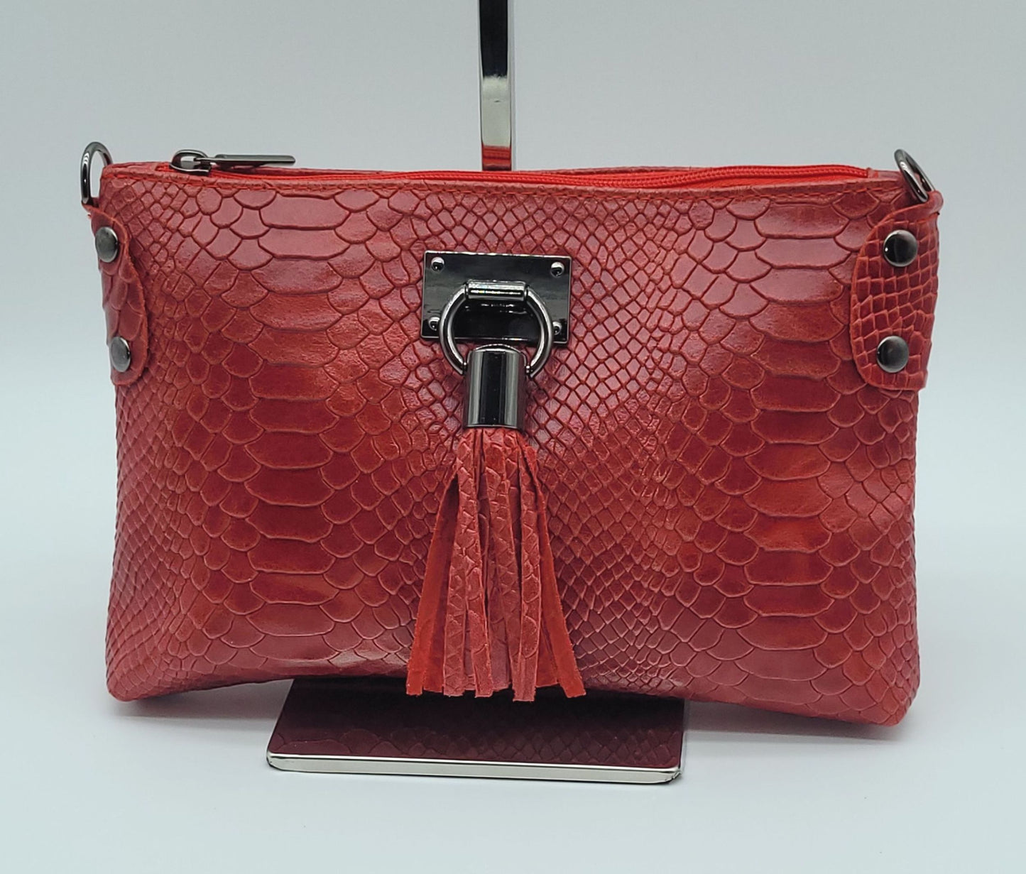 Snake Embossed Genuine Leather Crossbody Handbag - Red – Made In Italy