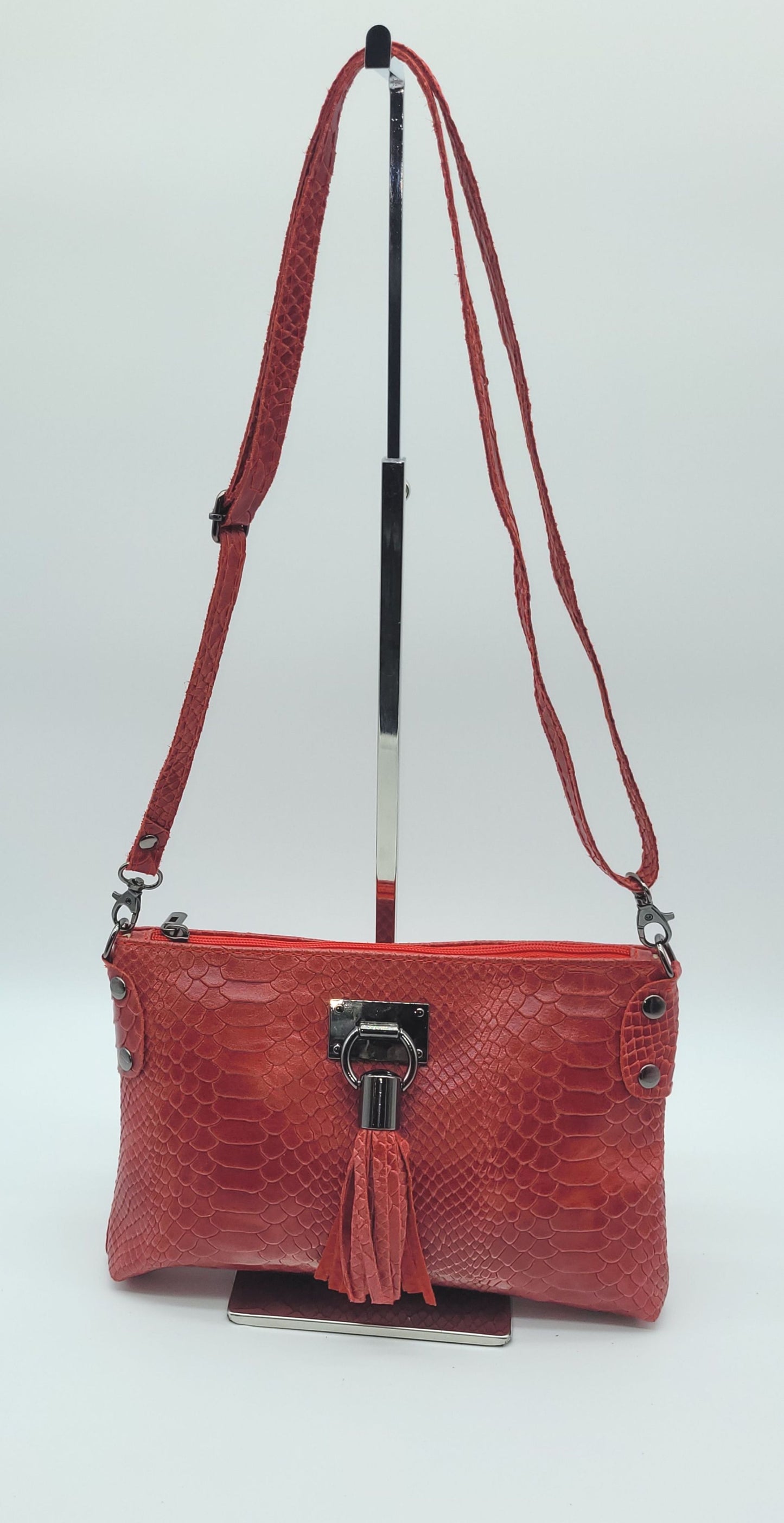 Snake Embossed Genuine Leather Crossbody Handbag - Red – Made In Italy