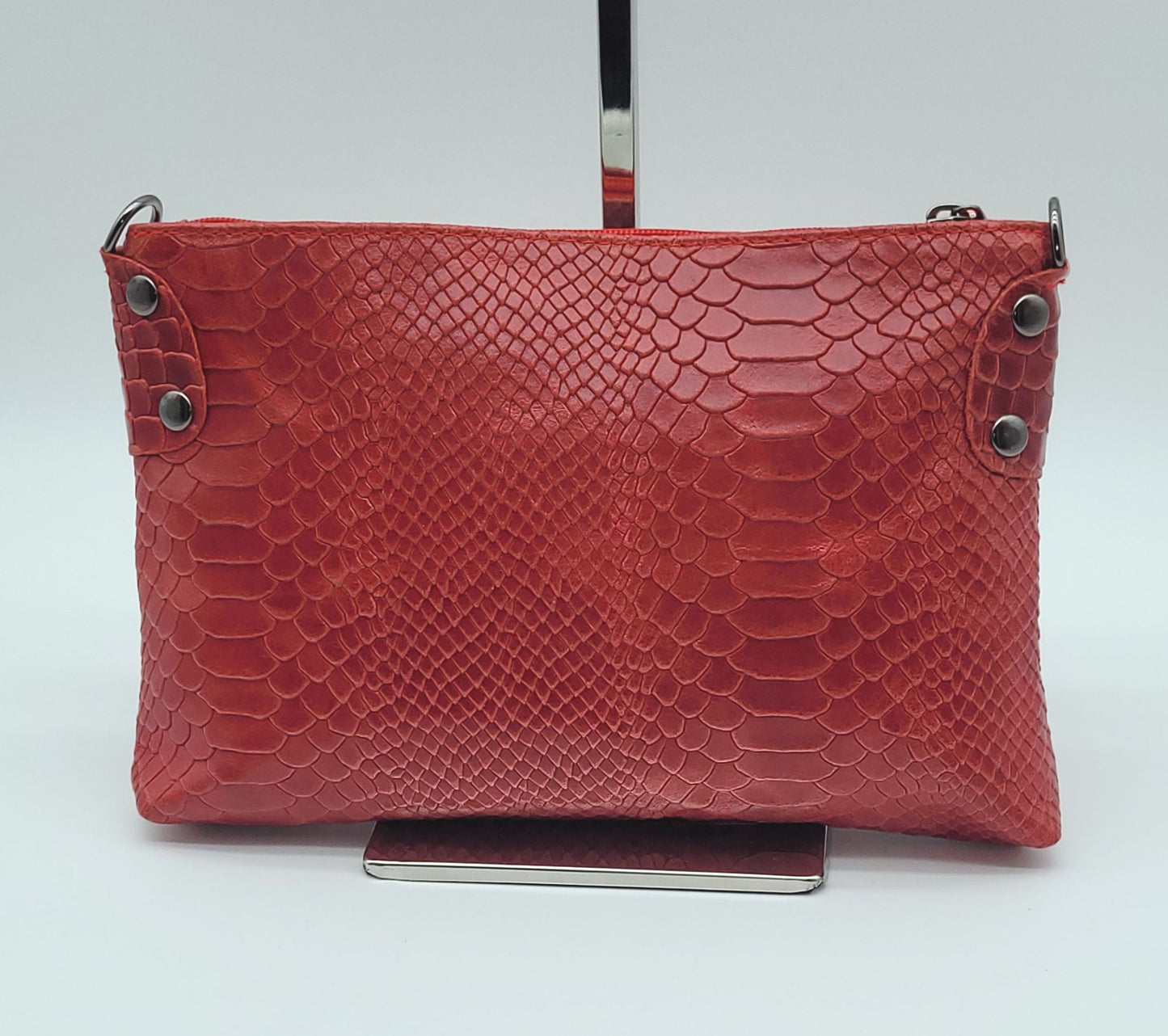 Snake Embossed Genuine Leather Crossbody Handbag - Red – Made In Italy