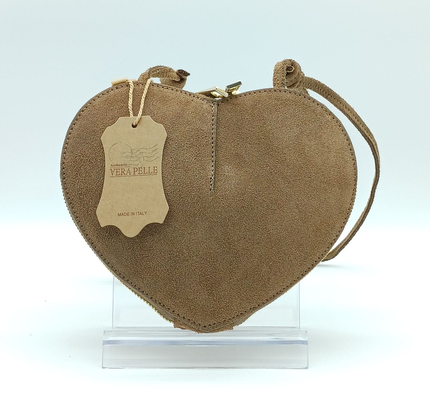 Dark Taupe Genuine Suede Heart Crossbody Handbag – Made In Italy
