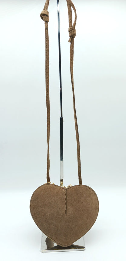 Dark Taupe Genuine Suede Heart Crossbody Handbag – Made In Italy