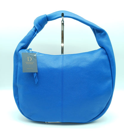 Genuine Pebble Leather Hobo Shoulder Handbag – Made In Italy  - Electric Blue