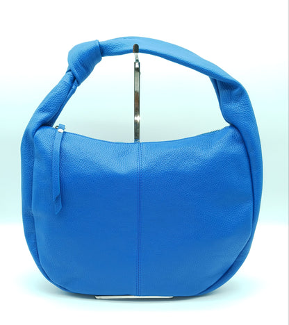 Genuine Pebble Leather Hobo Shoulder Handbag – Made In Italy  - Electric Blue