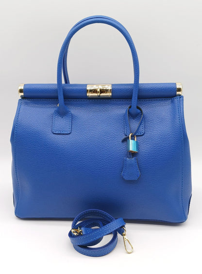 Lock & Key Genuine Pebble Leather Satchel Handbag - Electric Blue – Made In Italy