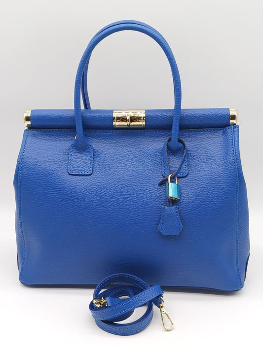 Lock & Key Genuine Pebble Leather Satchel Handbag - Electric Blue – Made In Italy