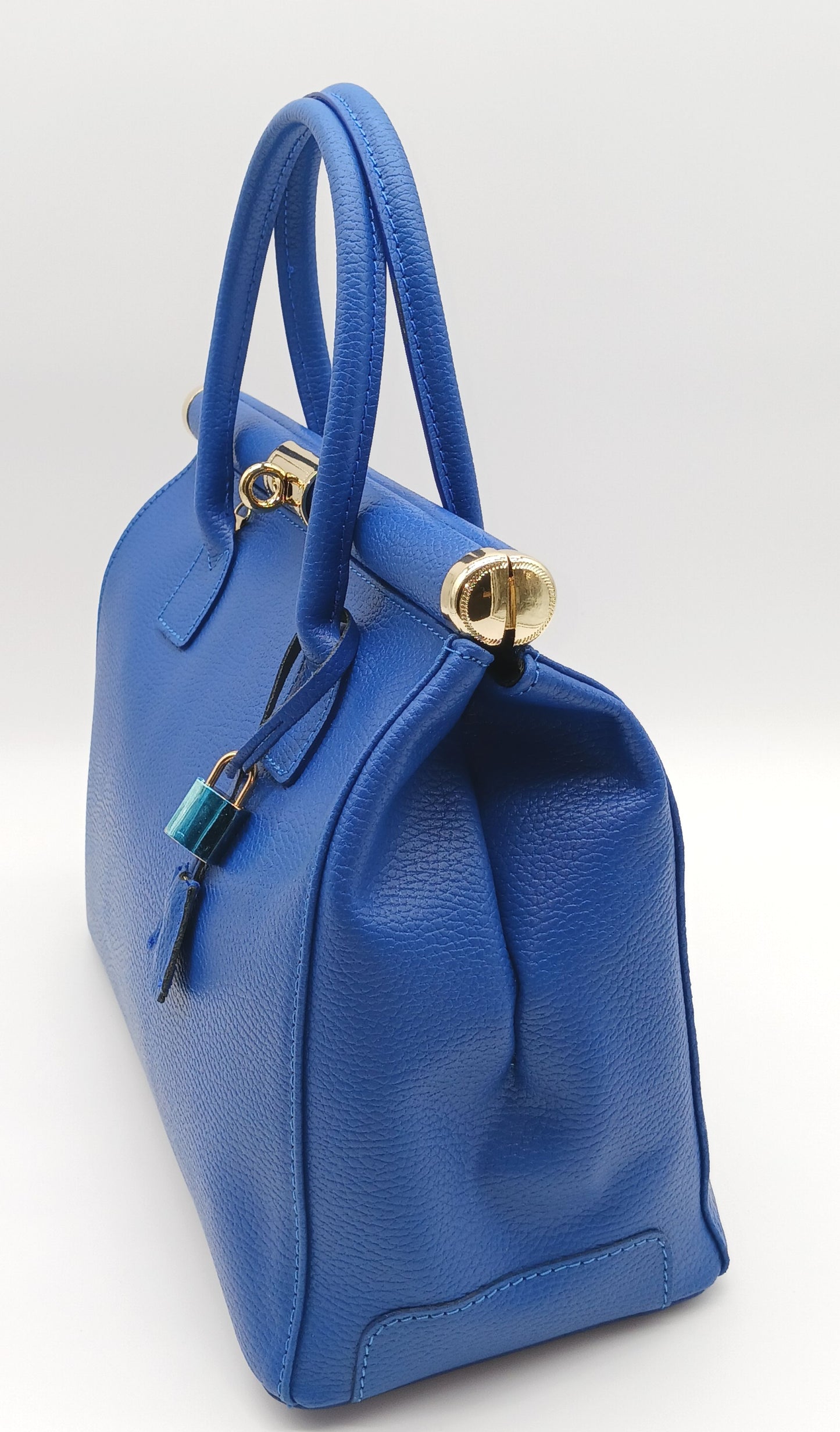 Lock & Key Genuine Pebble Leather Satchel Handbag - Electric Blue – Made In Italy