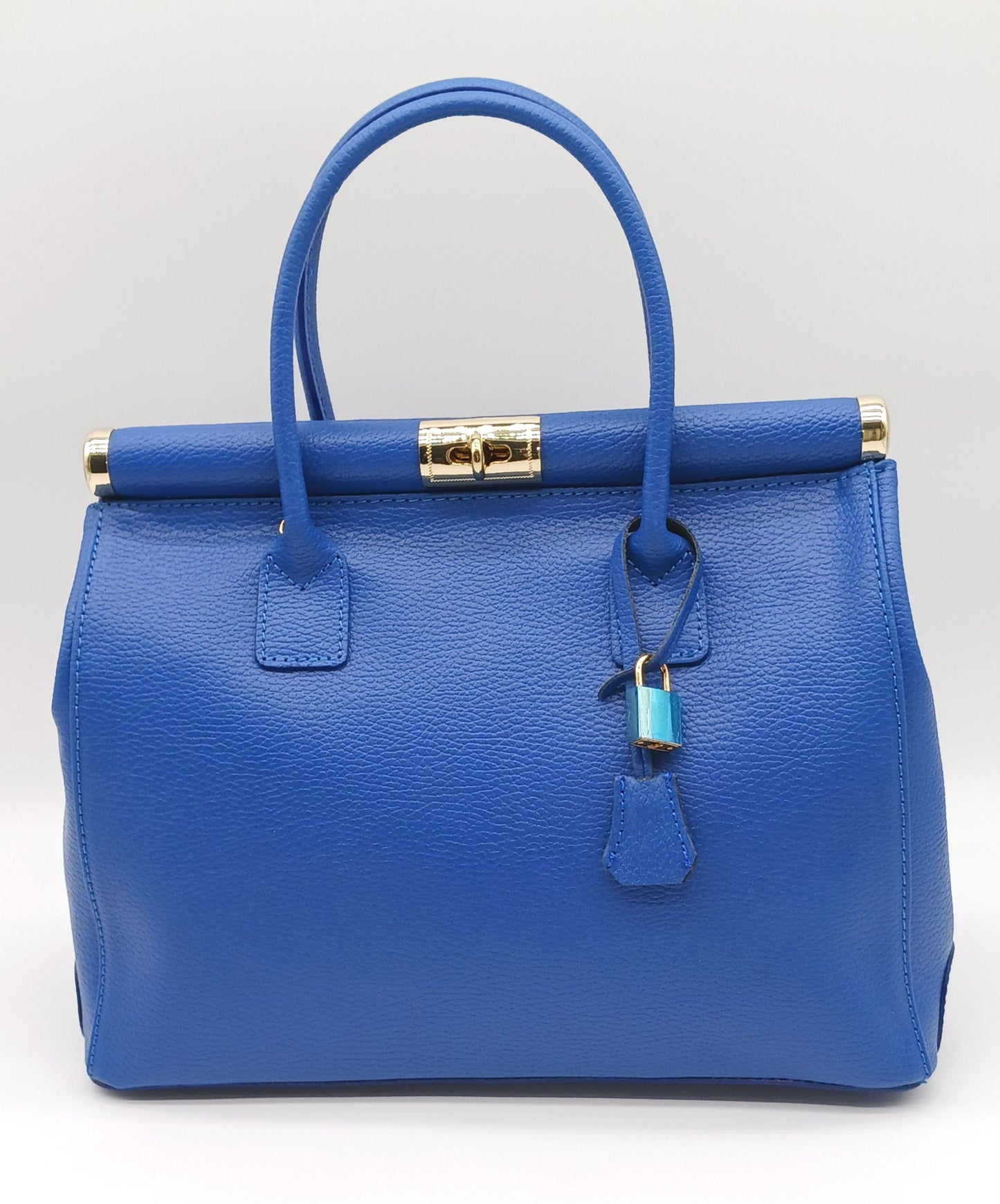 Lock & Key Genuine Pebble Leather Satchel Handbag - Electric Blue – Made In Italy
