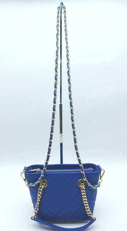 Genuine Leather Small Quilted Tote Crossbody Handbag – Made In Italy - Electric Blue