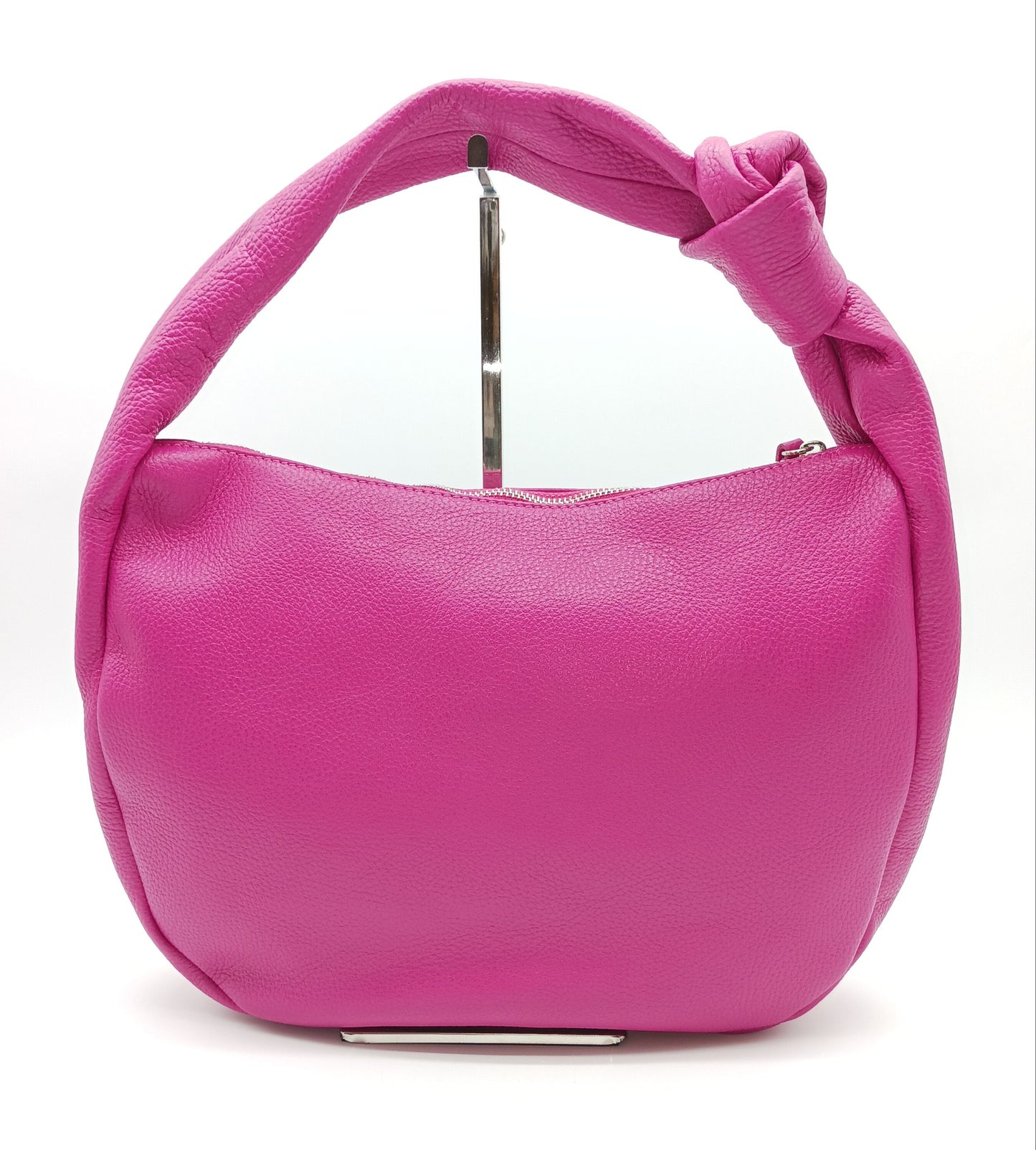 Genuine Pebble Leather Hobo Shoulder Handbag – Made In Italy  - Fuchsia