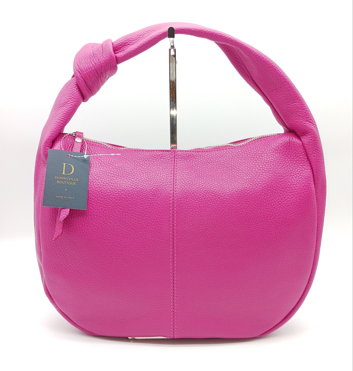 Genuine Pebble Leather Hobo Shoulder Handbag – Made In Italy  - Fuchsia