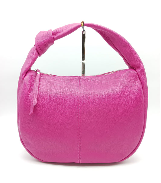 Genuine Pebble Leather Hobo Shoulder Handbag – Made In Italy  - Fuchsia
