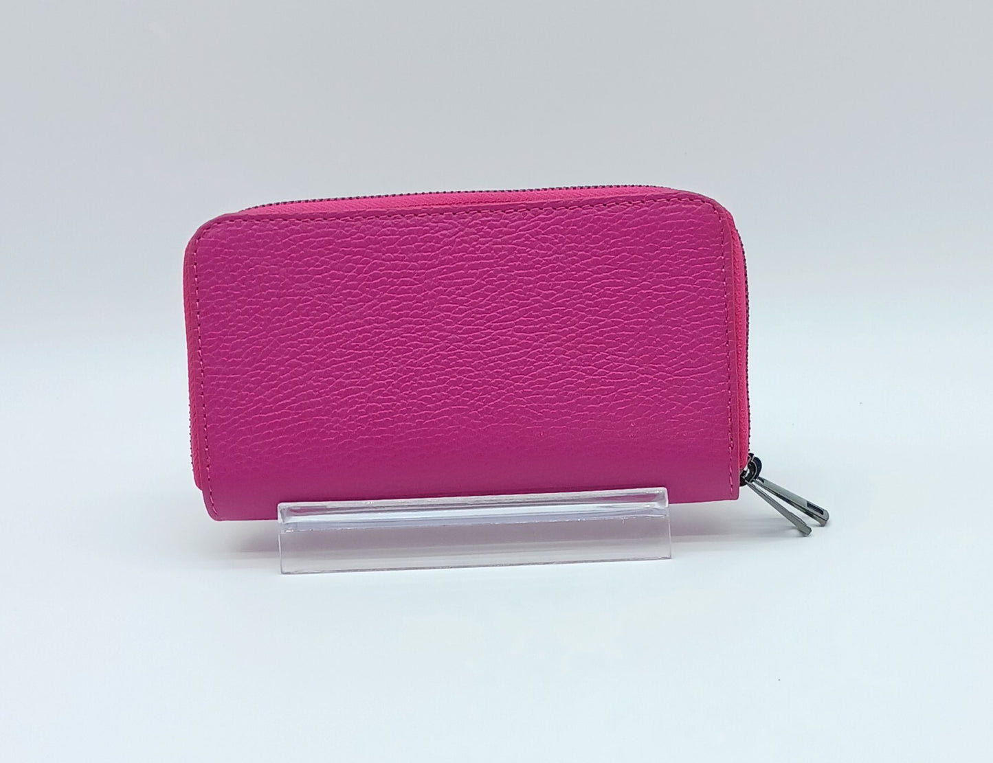 Genuine Pebble Leather Double Zip Wallet – Made In Italy - Fuchsia