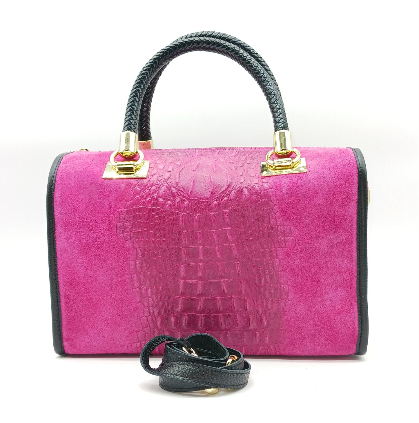 Genuine Suede & Leather Croc Embossed Satchel Handbag - Fuchsia – Made In Italy