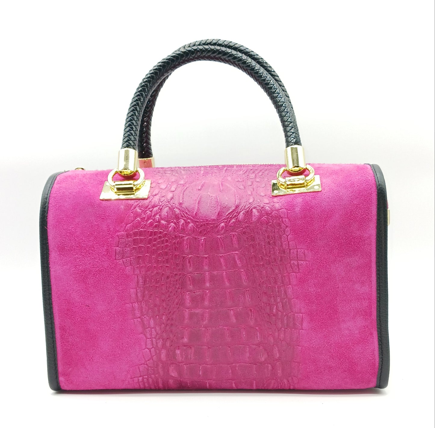 Genuine Suede & Leather Croc Embossed Satchel Handbag - Fuchsia – Made In Italy