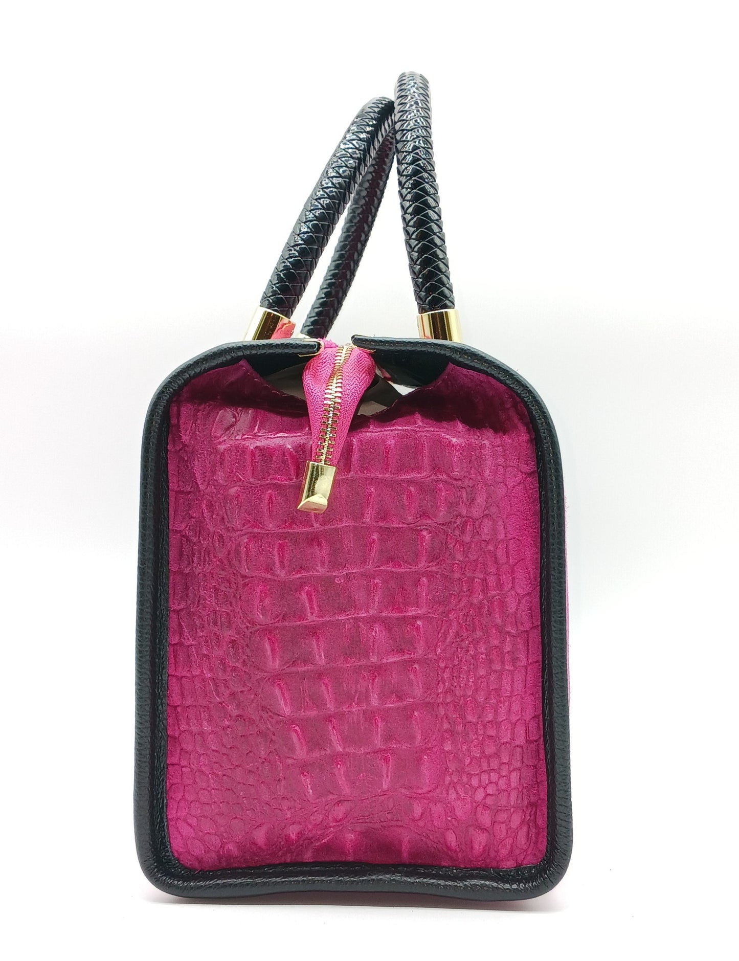 Genuine Suede & Leather Croc Embossed Satchel Handbag - Fuchsia – Made In Italy