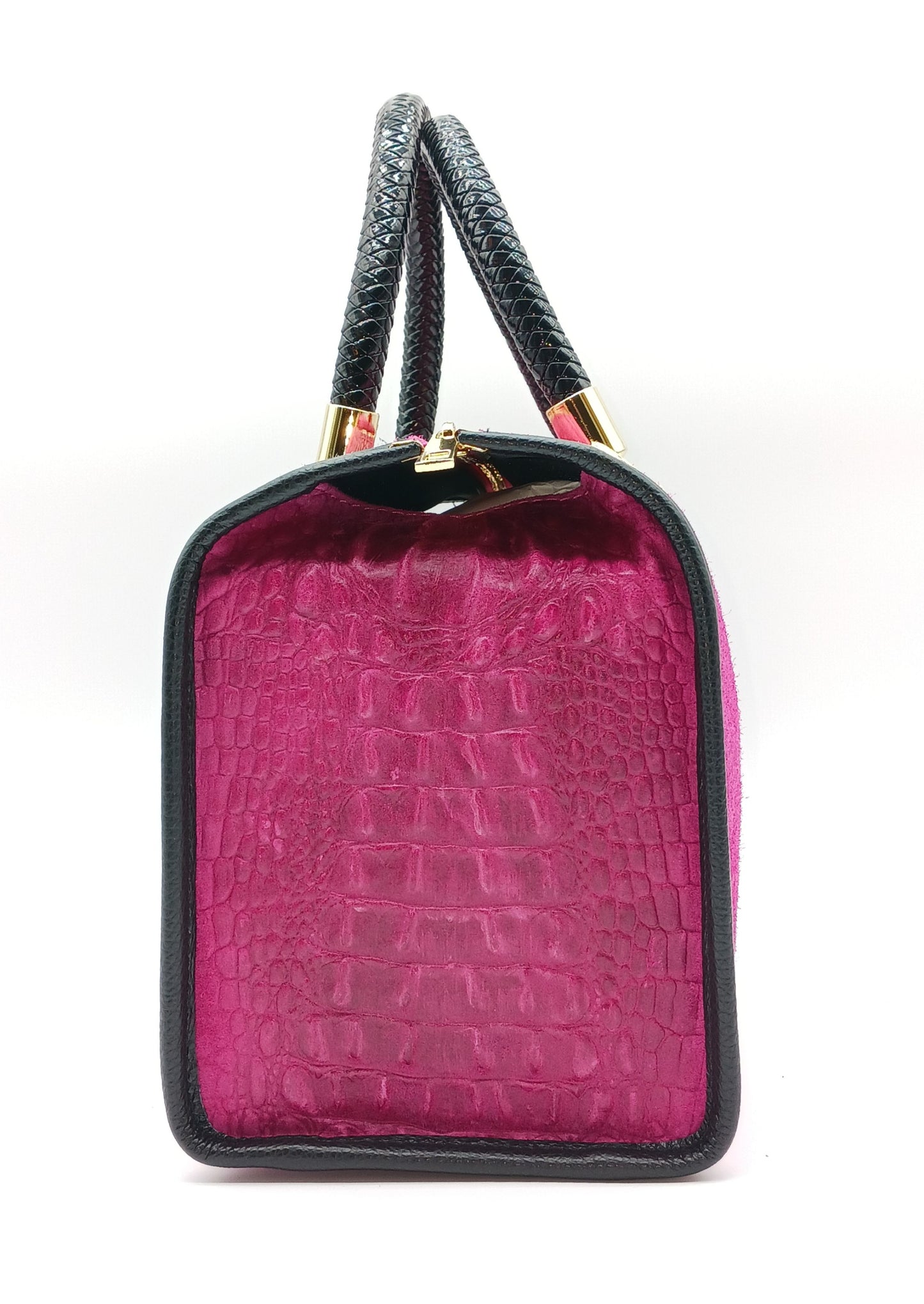 Genuine Suede & Leather Croc Embossed Satchel Handbag - Fuchsia – Made In Italy