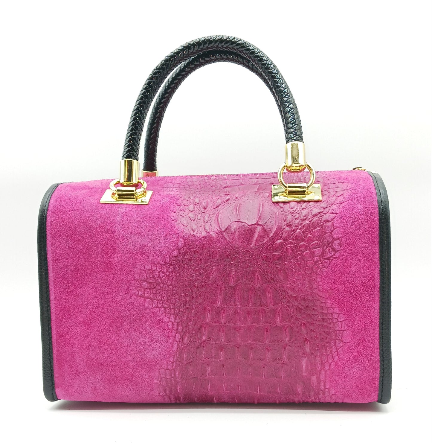 Genuine Suede & Leather Croc Embossed Satchel Handbag - Fuchsia – Made In Italy