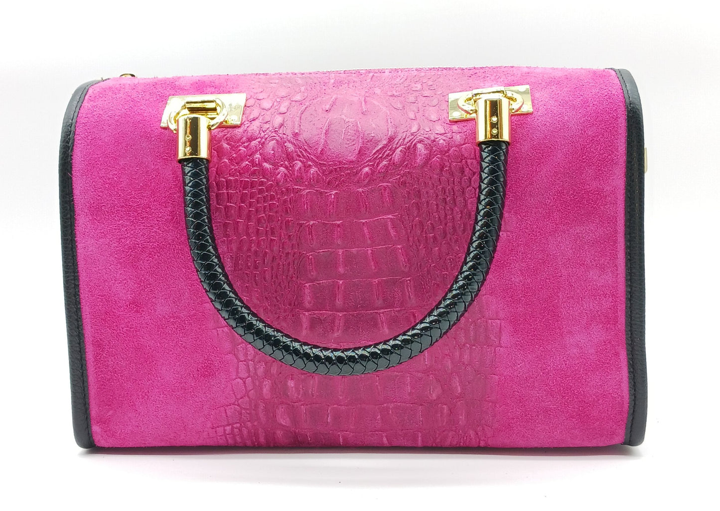Genuine Suede & Leather Croc Embossed Satchel Handbag - Fuchsia – Made In Italy